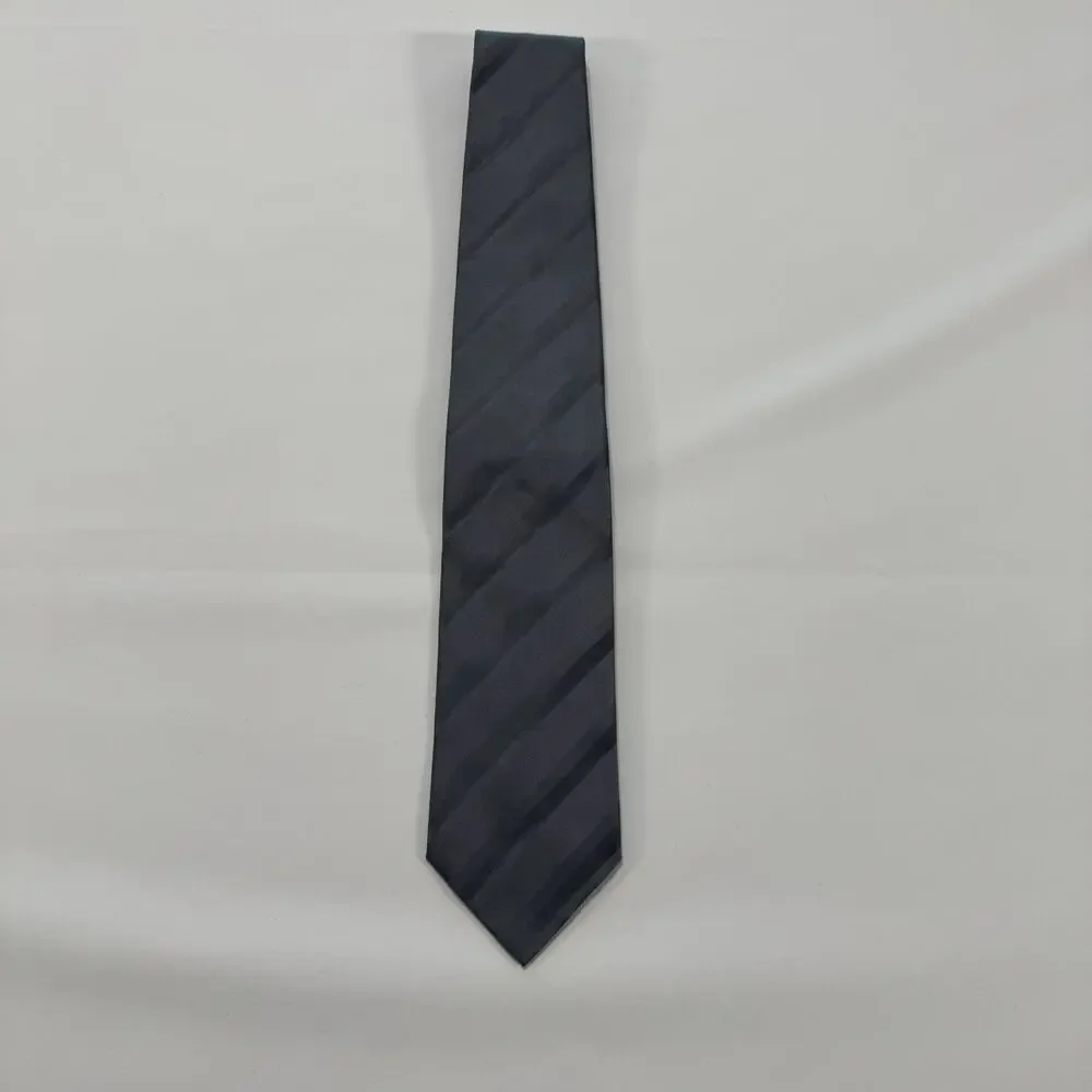Barneys New York Gray And Black Striped 100% Italian Silk Tie